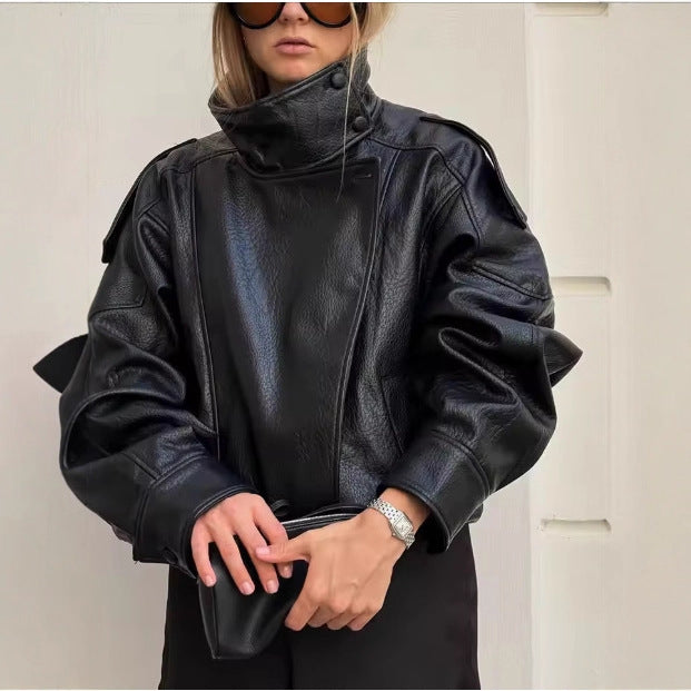 Men's casual biker jacket made of faux leather with a high stand-up collar, shoulder flaps, and elastic hem Mune Fashion