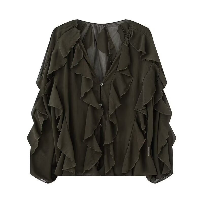 Women's Ruffle Chiffon Blouse with Button Placket, Gathered Neckline and Balloon Sleeves Mune Fashion