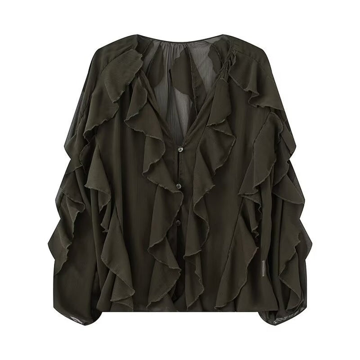 Women's Ruffle Chiffon Blouse with Button Placket, Gathered Neckline and Balloon Sleeves Mune Fashion