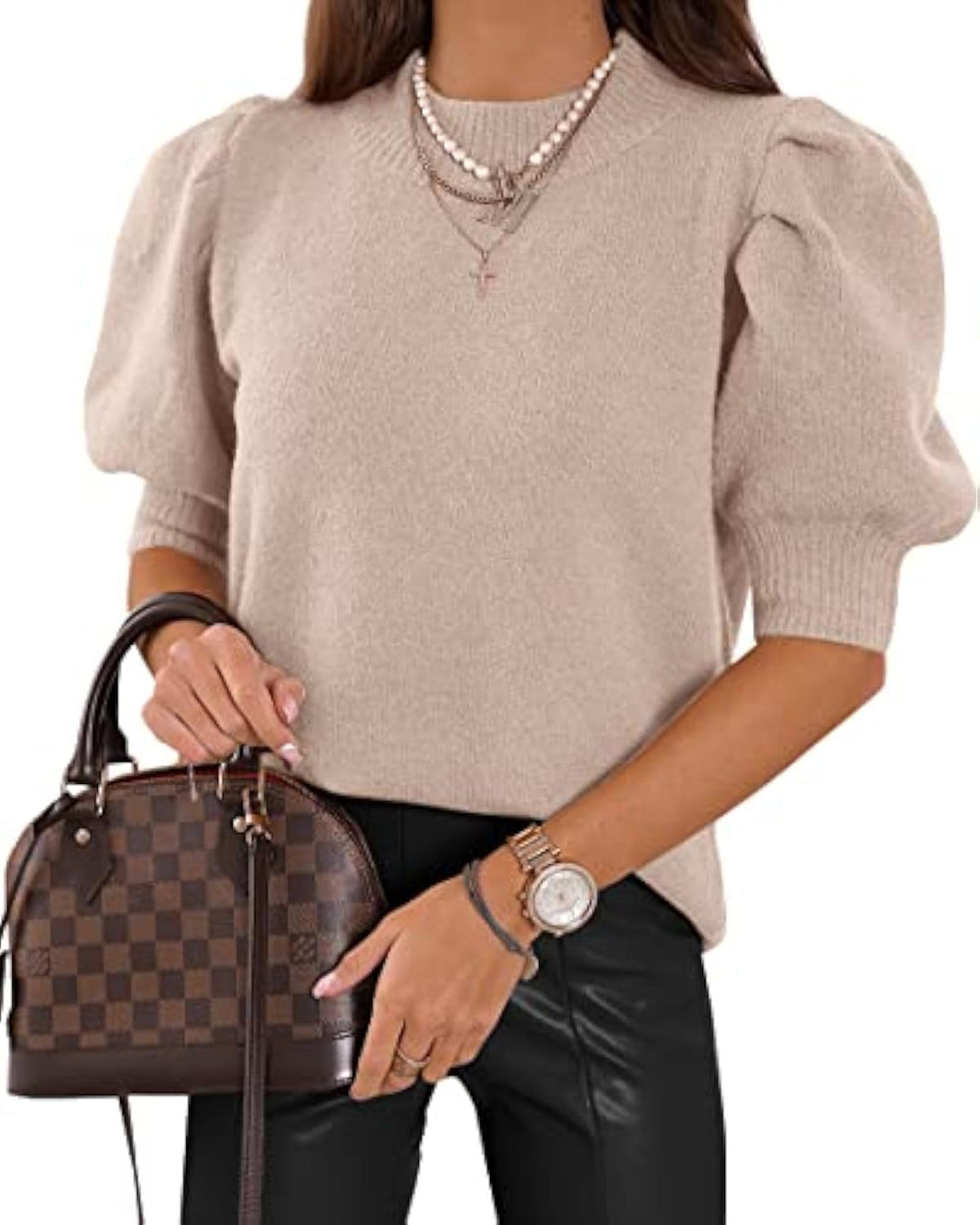 Women's short-cut fine knit sweater with puff sleeves and ribbed cuffs Drune