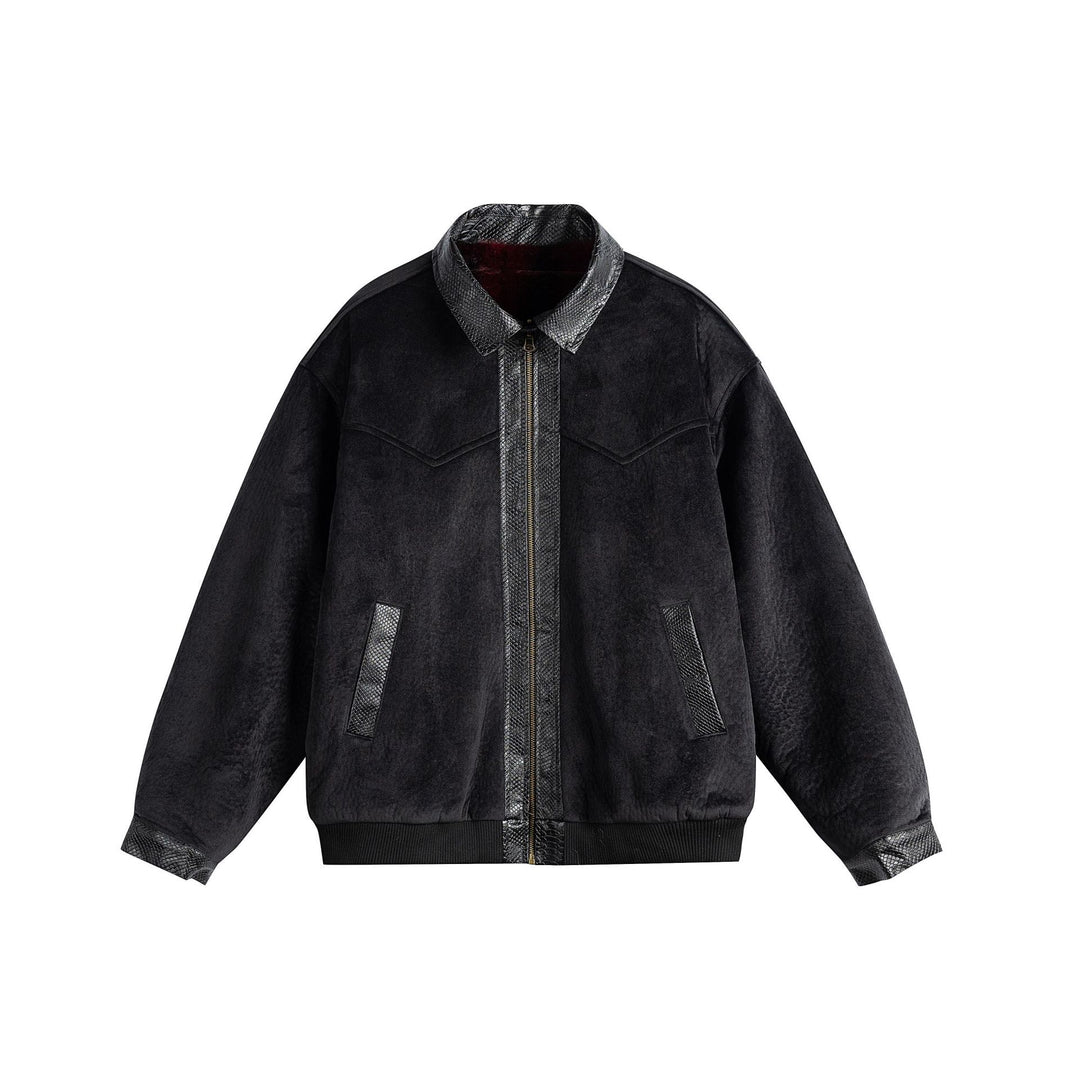Unisex Oversize Blouson Jacket made of Velours-Suede with reptile embossed trim and warming teddy lining Mune Fashion
