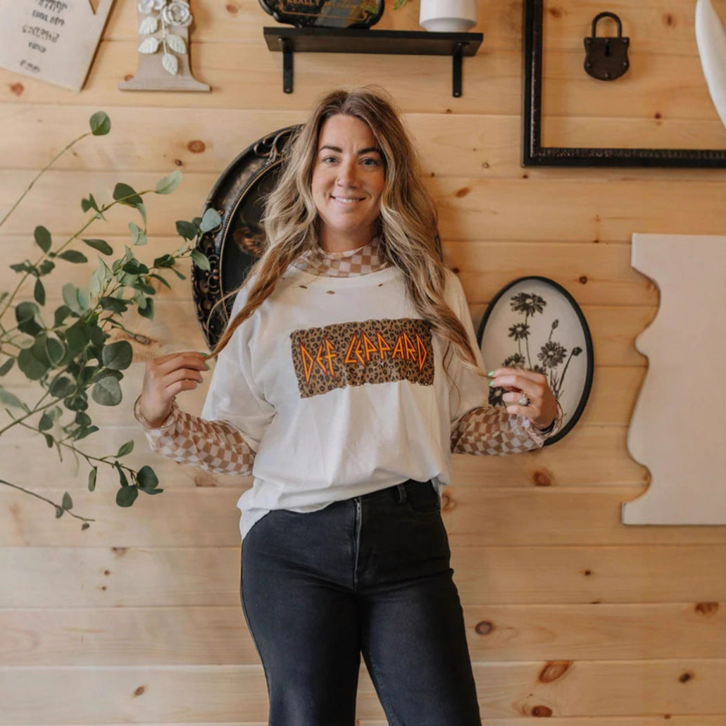 Women's casual layered t-shirt with retro band print, used look and checked mesh long sleeve top Mune Fashion