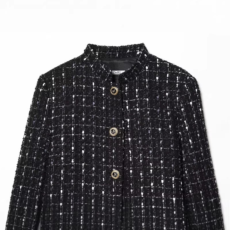 Women's short bouclé tweed jacket with stand-up collar, decorative buttons and patch pockets Mune Fashion
