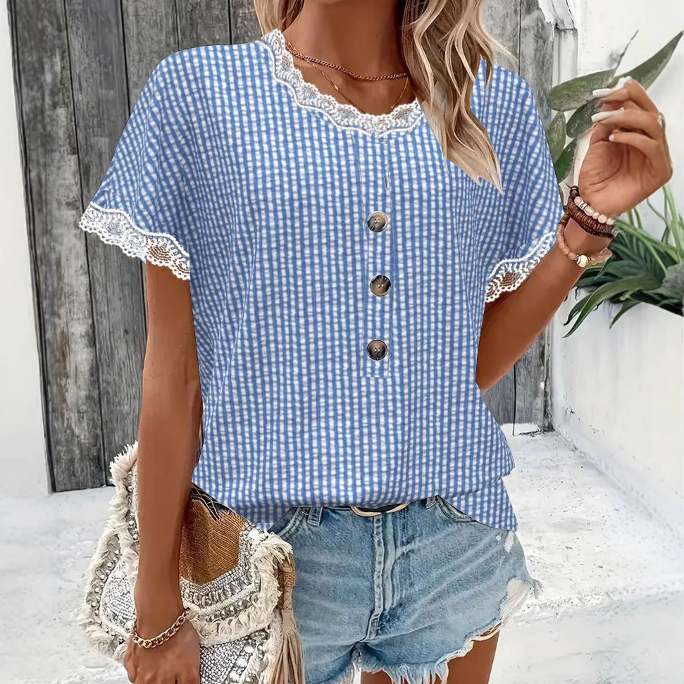 Women's short-sleeved Vichy check blouse with lace trim and decorative button placket Mune Fashion