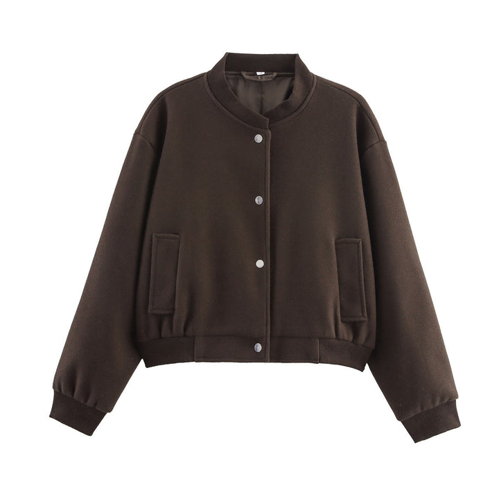Women Short-Cut Wool Blend Bomber Jacket with Snap Buttons and Ribbed Cuffs Mune Fashion