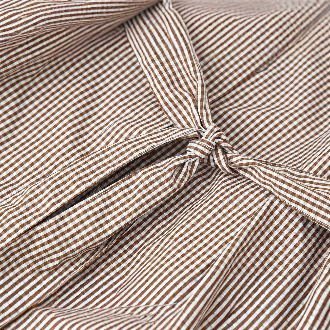 Women Checked Tailored Shirt Blouse with Ties Mune Fashion