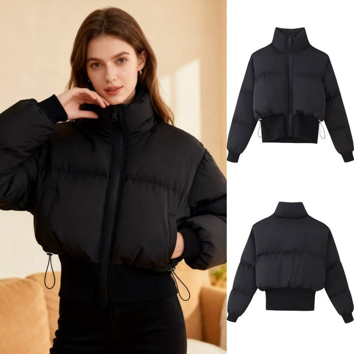 Women's cropped quilted jacket with high stand-up collar, drawstring hem and wide ribbed waistband Mune Fashion