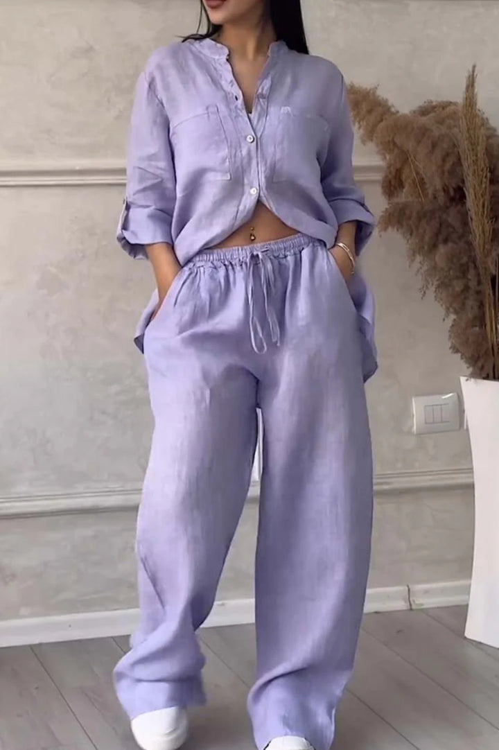 Women's casual linen two-piece set with loose shirt blouse, patch breast pockets, and elastic drawstring waistband Mune Fashion