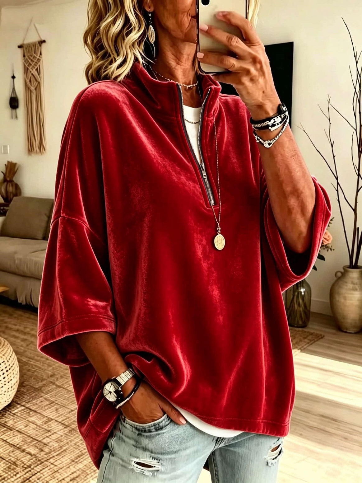 Women's Oversize Velvet Sweater with Short Zipper and Stand-Up Collar Mune Fashion