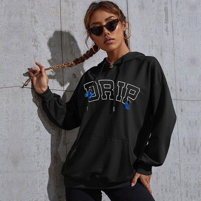Women's Oversized Hoodie with Kangaroo Pocket and Butterfly Embroidery Mune Fashion