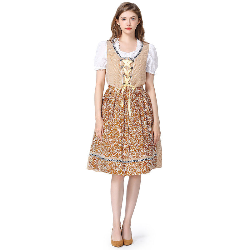 Women’s traditional Oktoberfest dirndl dress with lace blouse, adjustable corset lacing, and floral apron Mune Fashion