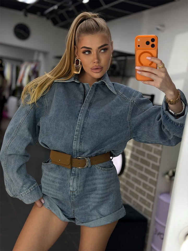 Women's Denim Shorts Overall with Boxy Shirt Top and Waist Belt Mune Fashion