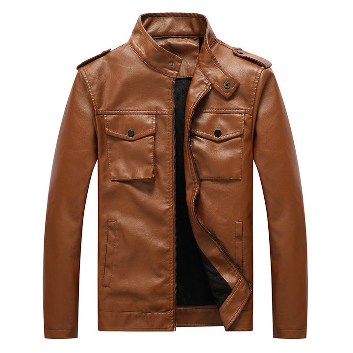 Men's slim artificial leather field blazer with stand-up collar, chest flap pockets, and zipper Mune Fashion