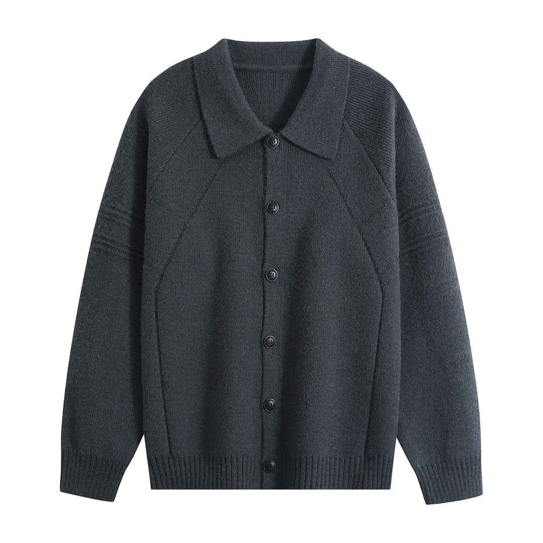 Men's knit cardigan with shirt collar, raglan sleeves & ribbed hem Mune Fashion