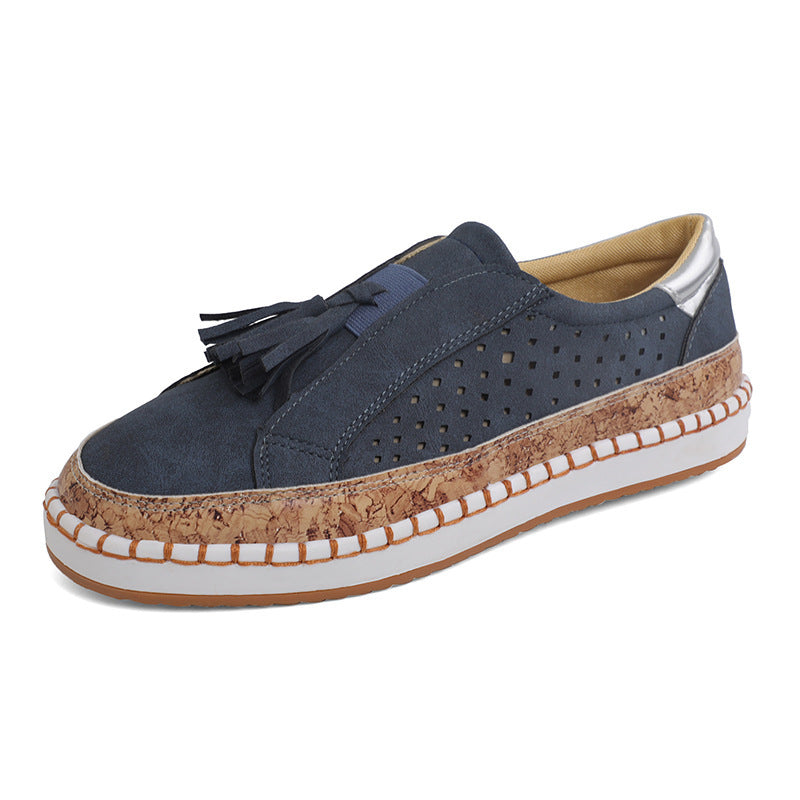 Women's Nano Perforated Slip-On Sneakers with Tassels, Cork Platform, and Decorative Hand Stitching Mune Fashion