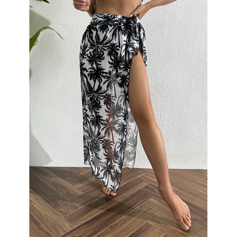Ladies Maxi-Transparent Skirt with Tropical Palm Pattern Mune Fashion