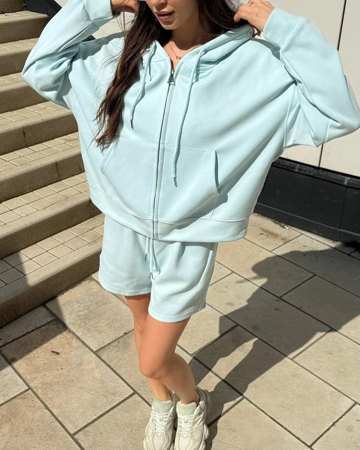 Women nan short hoodie sweatshirt with zipper and elastic high-waist relax shorts set Mune Fashion