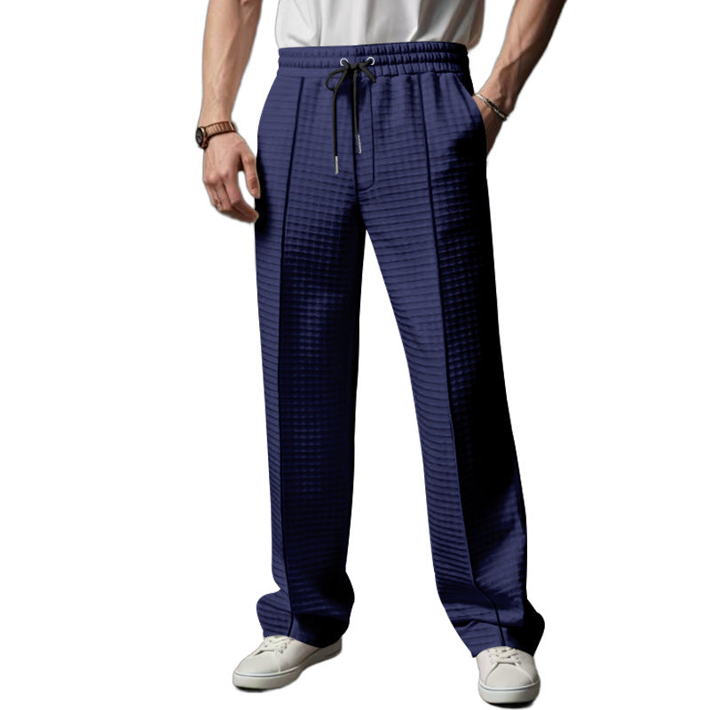 Men's Relaxed-Fit Leisure Pants with Textured Check Pattern, Elastic Waistband & Drawstring