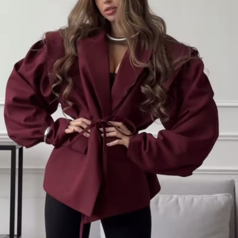 Women Tailored Blazer with Delicate Tie Waist, Emphasized Shoulder Area and Flap Pockets Mune Fashion