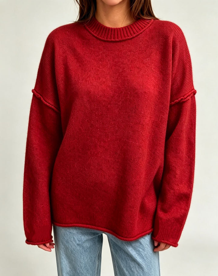 Women Oversize Boxy Sweater with short stand-up collar and decorative edge seam Mune Fashion
