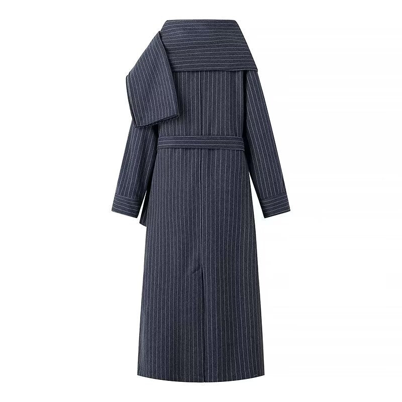 Women Tailored Pinstripe Coat with Ties and Wide Maxi Skirt Mune Fashion