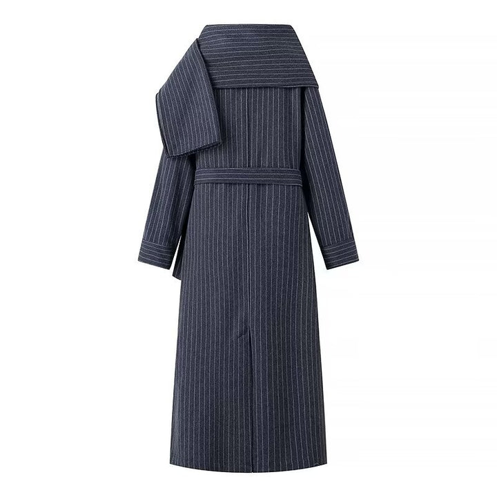 Women Tailored Pinstripe Coat with Ties and Wide Maxi Skirt Mune Fashion