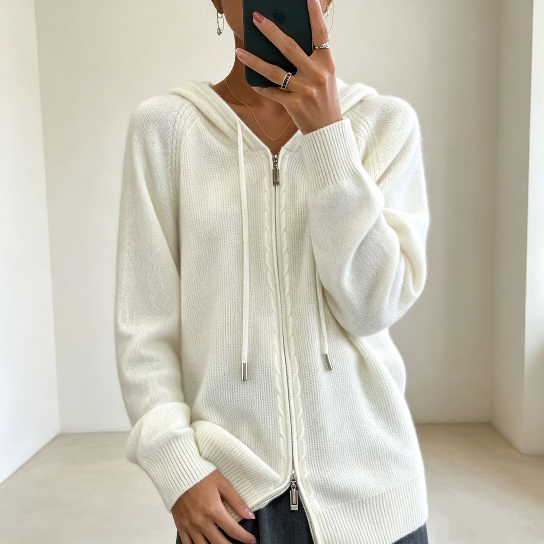 Women's hooded cardigan with zipper, fine knit and ribbed cuffs Mune Fashion