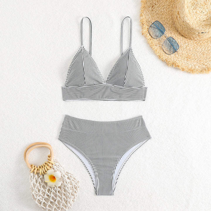 Women's High-Waisted Bikini Set with Fine Stripes Mune Fashion