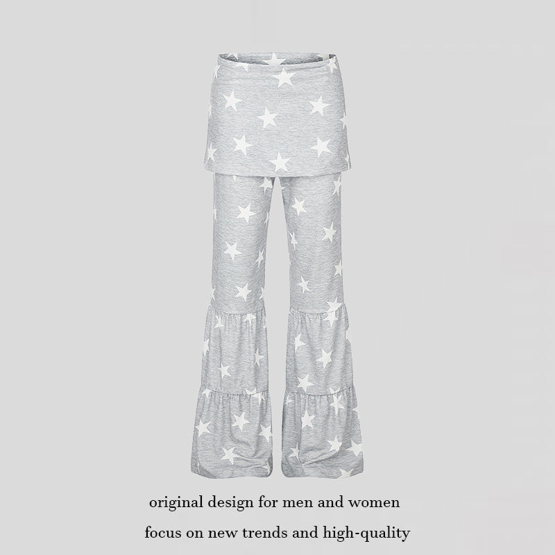 Ladies two-layer palazzo lounge pants with ruffle hems and star print Mune Fashion