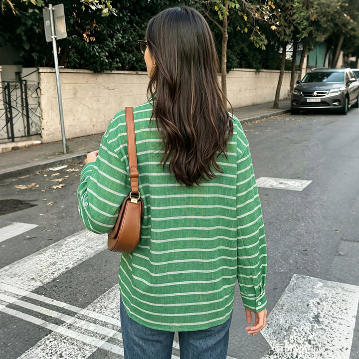 Women's Casual Striped Oversize Shirt Blouse in Linen Look with Breast Pocket Mune Fashion