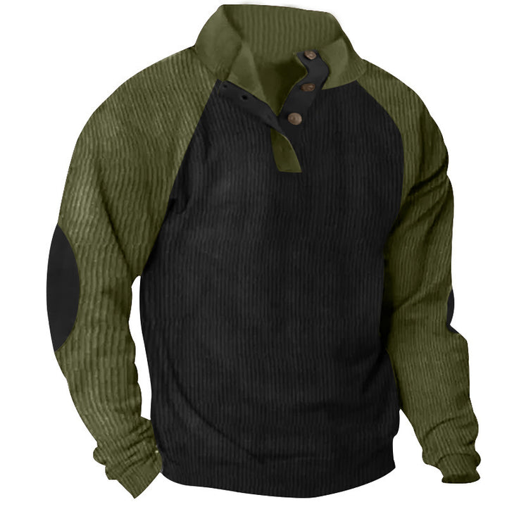 Men's Structured Raglan Henley Pullover with Stand Collar, Elbow Patches & Button Placket Mune Fashion