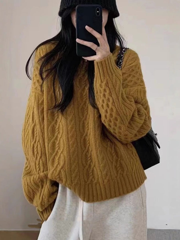 Women Oversize Cable Knit Sweater with Round Neck and Casual Shoulder Partie Mune Fashion
