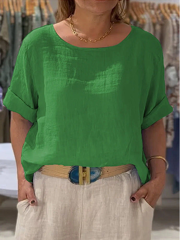 Women Lightweight Linen Blouse with Turned-up Sleeves Mune Fashion