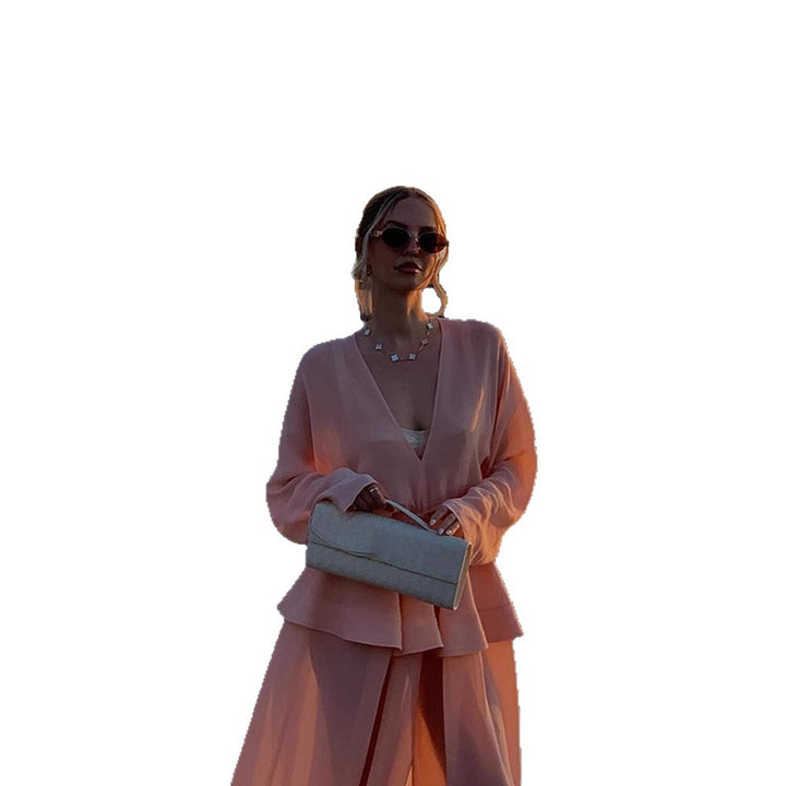 Women Two-Piece Chiffon Set with V Neck, Voluminous Sleeves and Pleated Maxi Skirt Mune Fashion