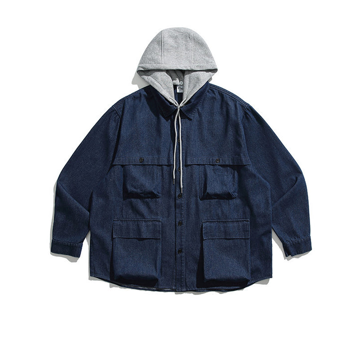 Unisex Boxy Jeans Overshirt Jacket with Attached Hood and Multifunction Pockets Mune Fashion