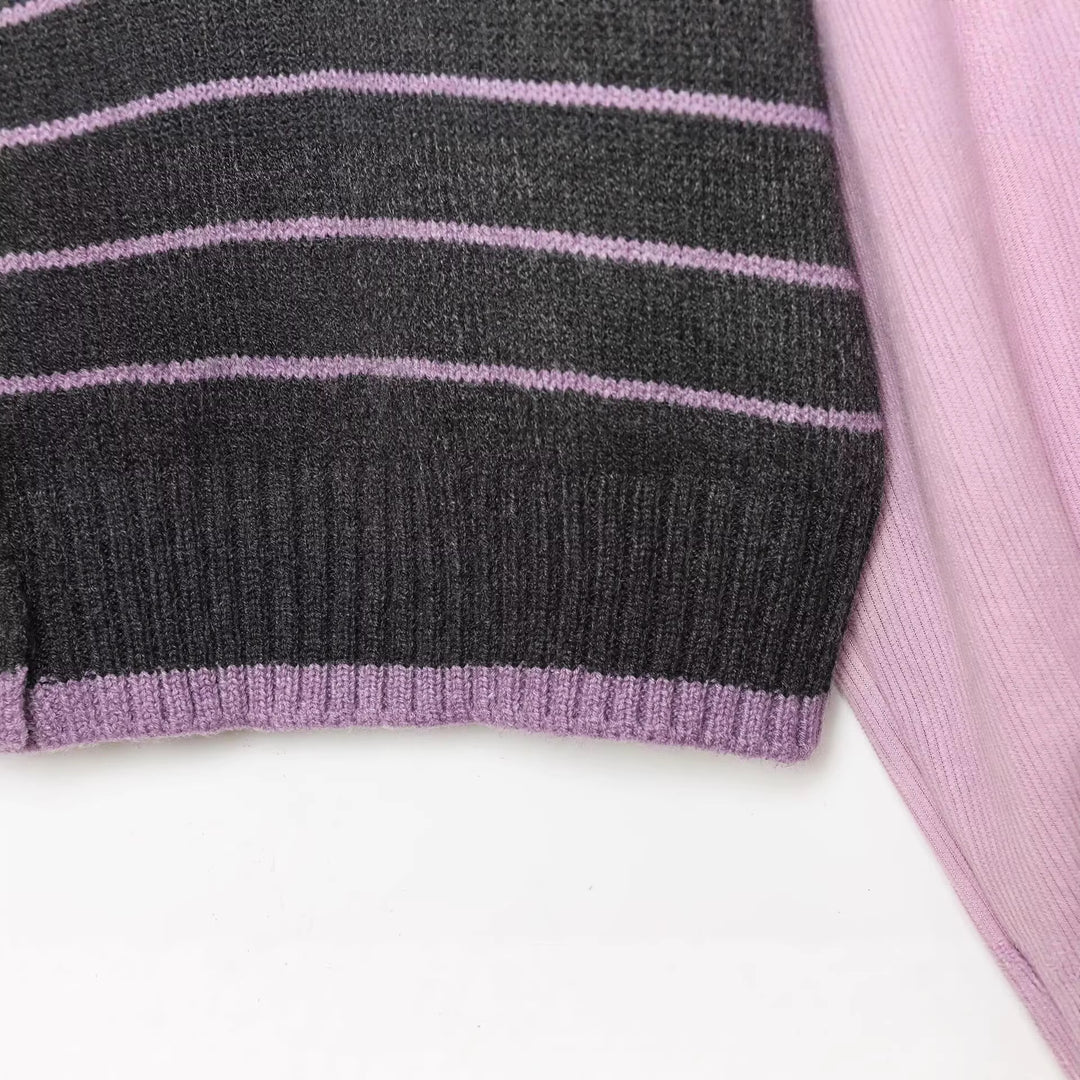 Ladies Layered Look Knit Cardigan with Striped Vest Insert and Volume Sleeves Mune Fashion