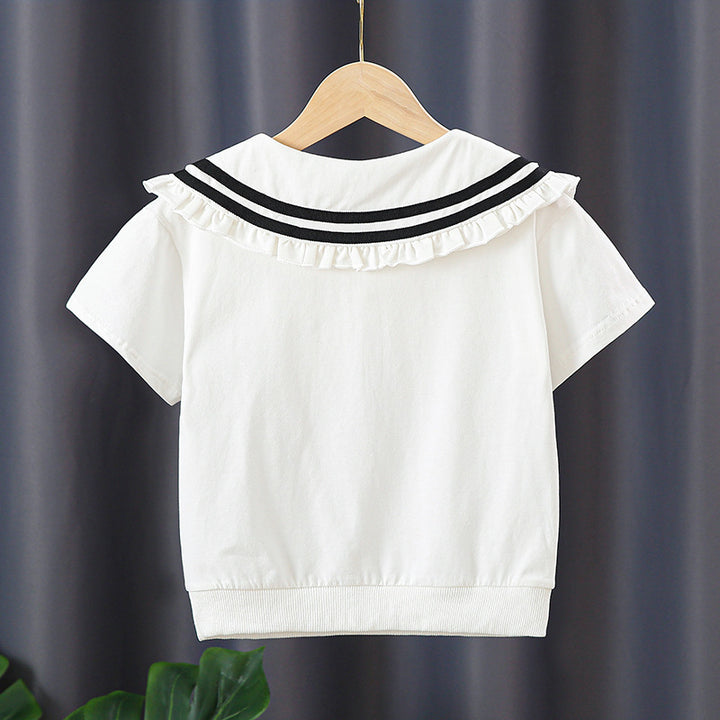Girl T-shirt with elegant sailor collar and ruffle details Mune Fashion