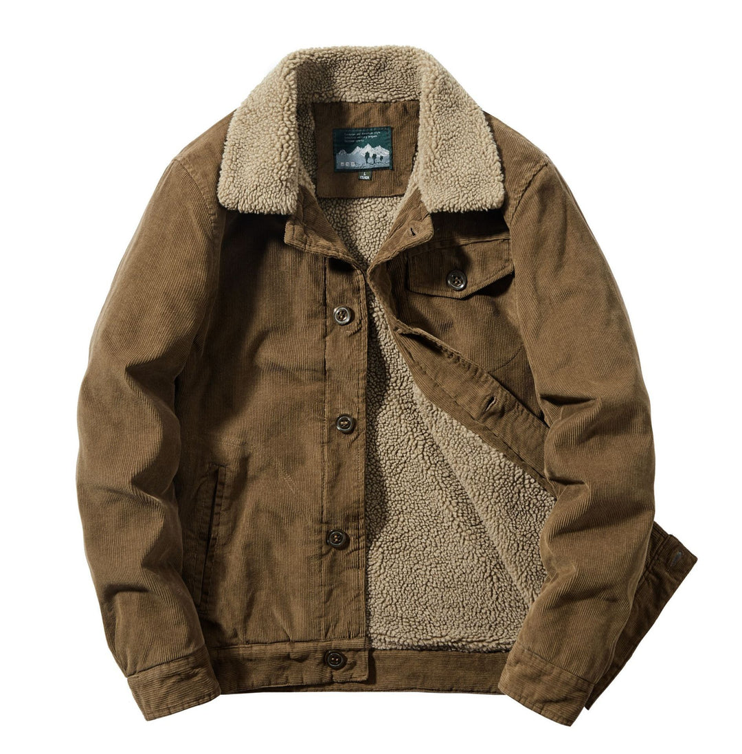 Men's Cord Trucker Jacket with Continuous Sherpa Lining and Shirt Collar Mune Fashion