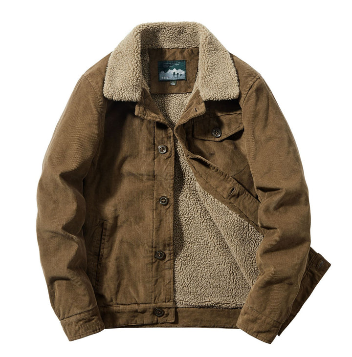 Men's Cord Trucker Jacket with Continuous Sherpa Lining and Shirt Collar Mune Fashion