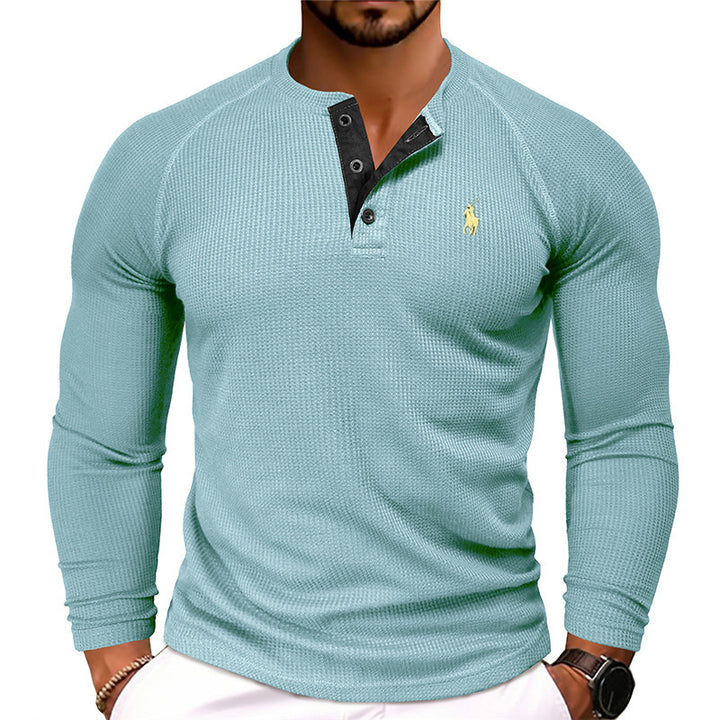 Men's structured henley long-sleeve shirt with waffle texture, half-button placket, and raglan sleeves Mune Fashion