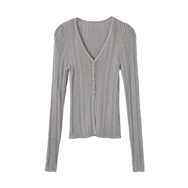 Women's figure-hugging ribbed fine knit cardigan with V-neck, shiny thread and decorative button strip Mune Fashion