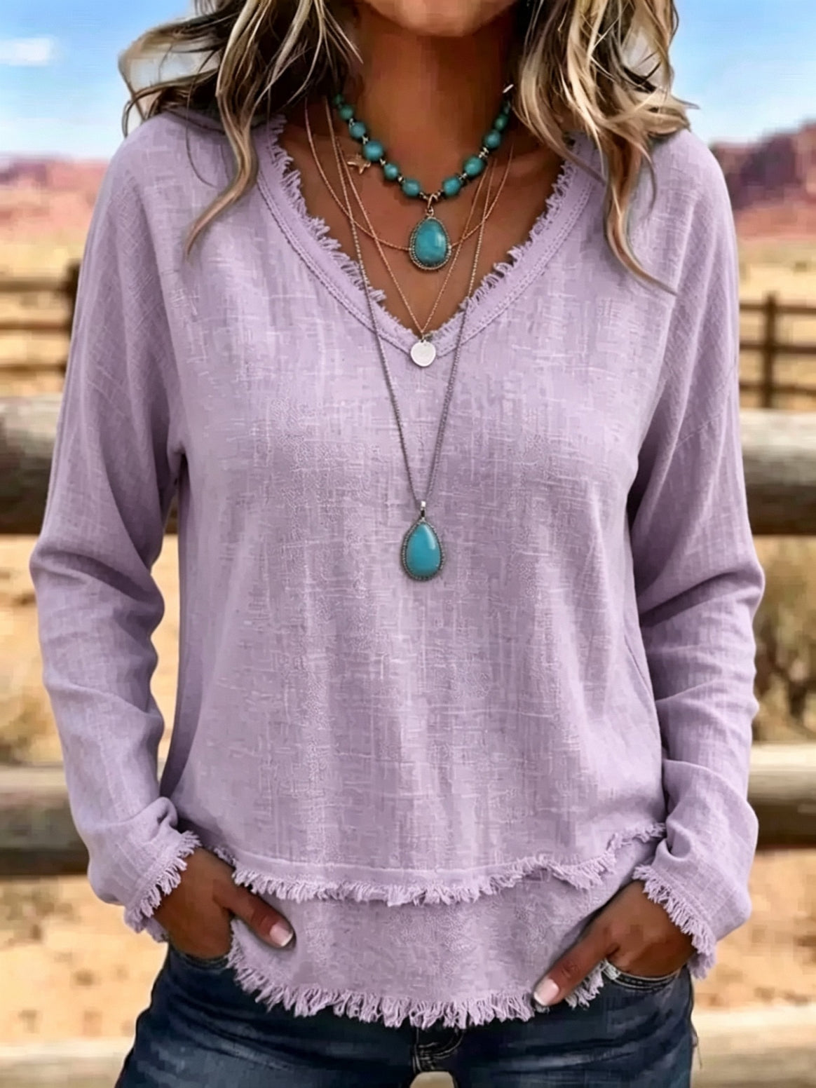 Women's Casual Long Sleeve Top with Fringes Mune Fashion