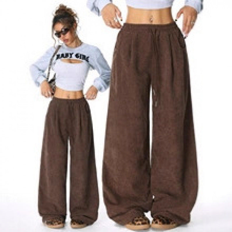 Ladies Wide Cord Pants with High Elastic Waist and Drawstring Mune Fashion