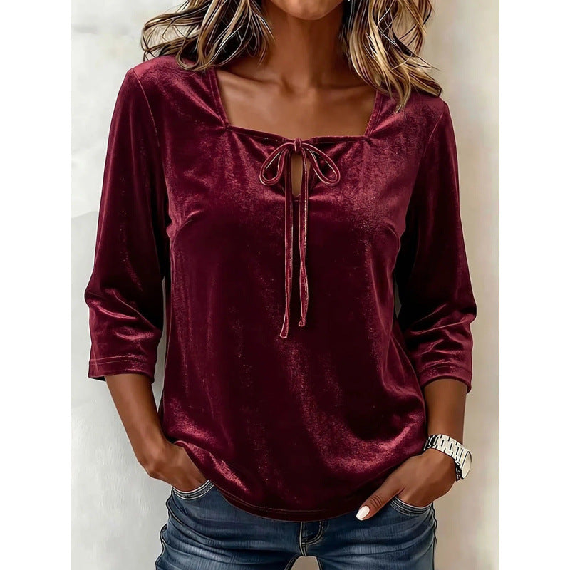 Ladies velvet blouse with square neckline, drawstring and three-quarter sleeves Mune Fashion