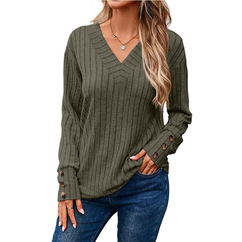 Women's Ribbed V-Neck Knit Sweater with Button Cuffs Mune Fashion