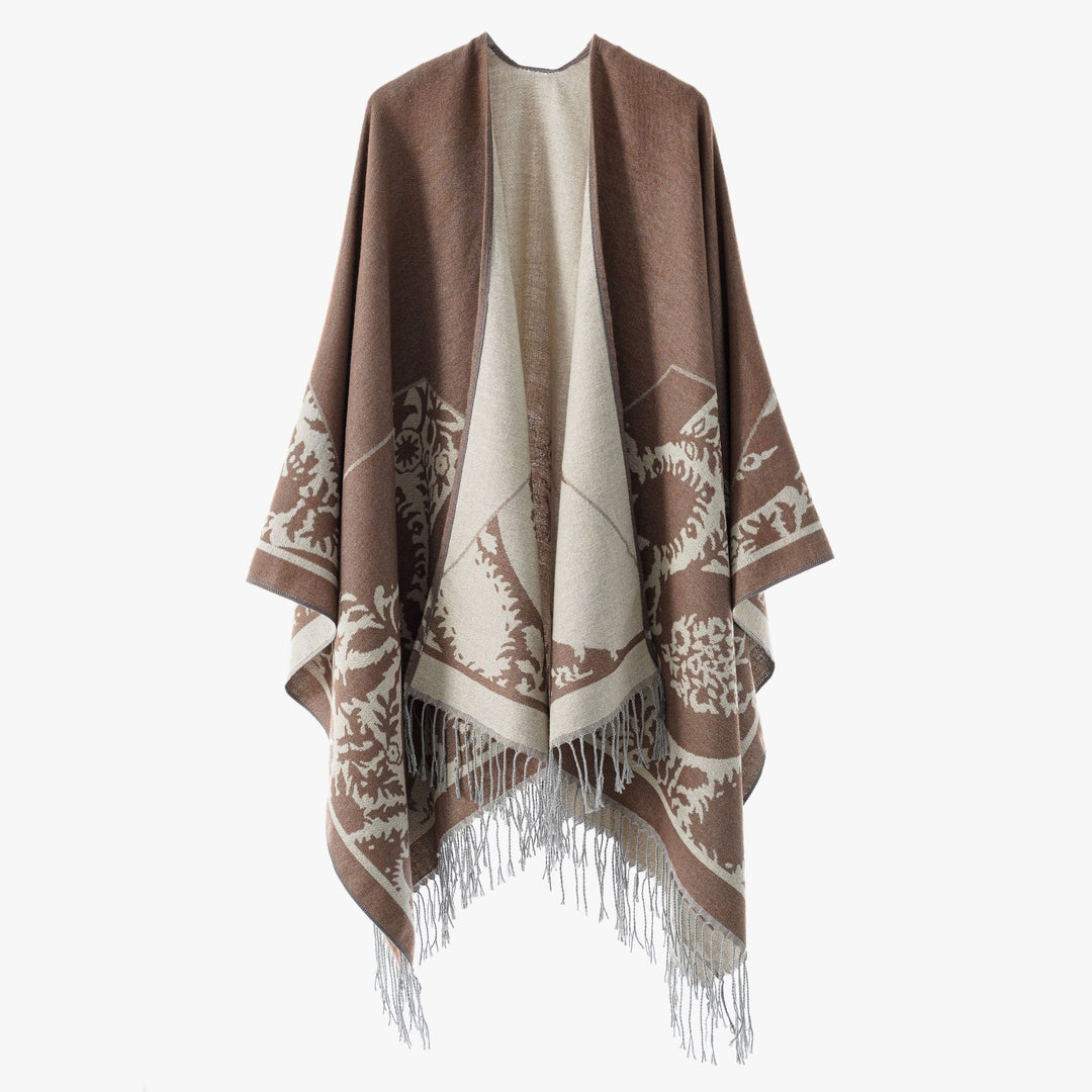 Women's Reversible Fine Knit Poncho with Jacquard Pattern and Fringed Hem Mune Fashion