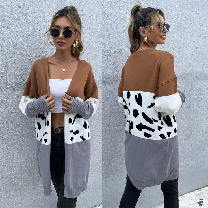 Women's Long Open Cardigan with Colorblock and Dalmatian Jacquard Pattern