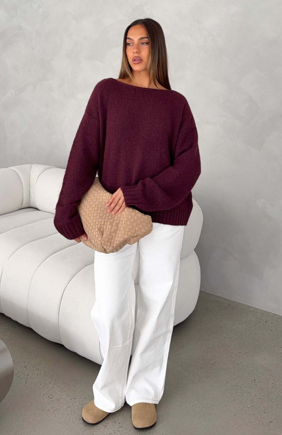Women Oversize Boucle Sweater with Wide Boat Neck and Ribbed Cuffs Mune Fashion