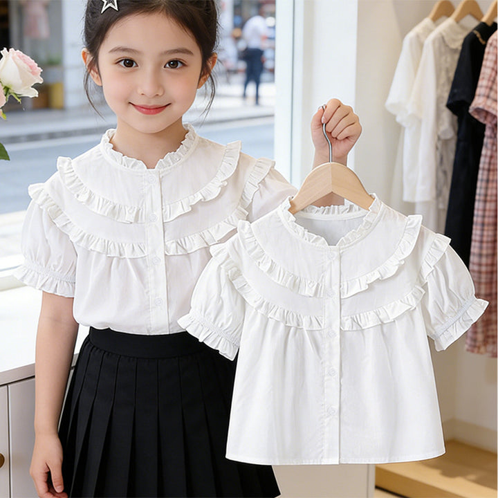 Girls Ruffled Blouse with Elegant Collar Mune Fashion