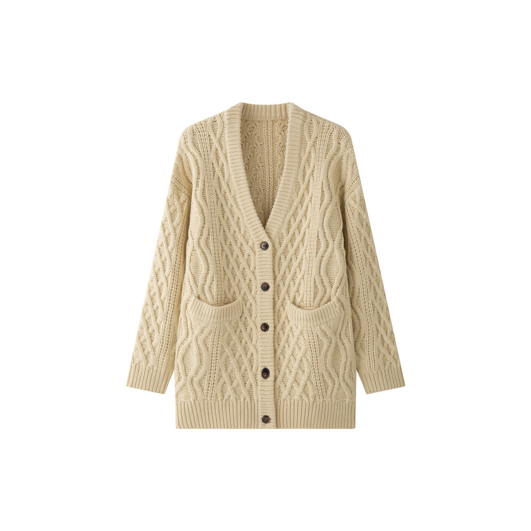 Ladies Oversize Knit Cardigan with Cable Pattern, Patch Pockets and Button Placket Mune Fashion